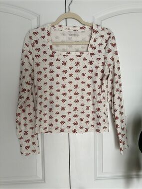 Old Navy Cream Floral Ribbed Square Neck Long Sleeve Top